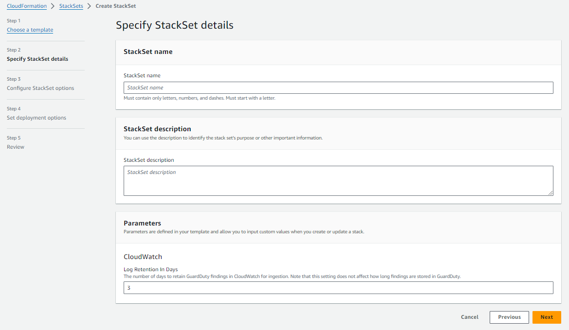 Specify StackSet details input screenshot